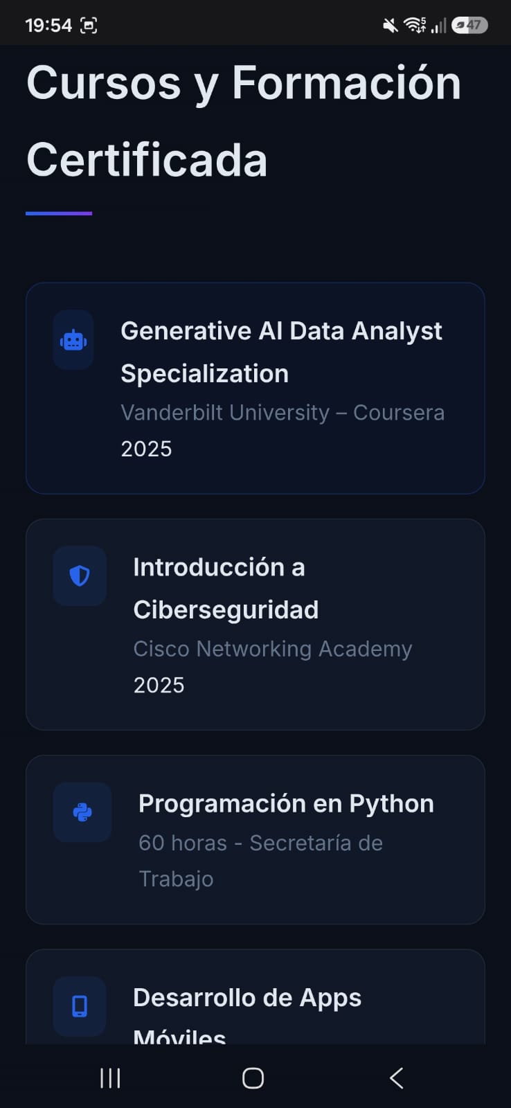 PersonalCV - Cursos (modo oscuro)